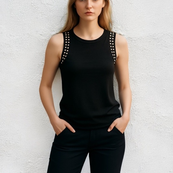 Maje Tops - Maje - Taxe Studded Linen Black Tank Top